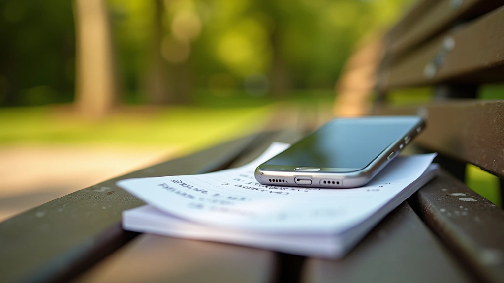 Mobilusis telefonas su sveiki numeriais užrašytais bloknote, parko suole, saugumo koncepcija
