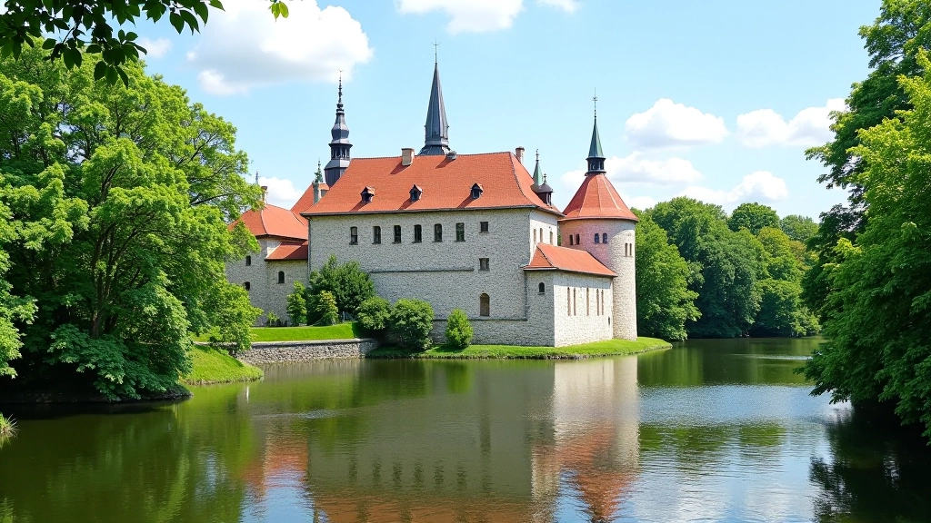 Trakų salos pilis su pilka akmens siena ir žaliais medžiais aplinkui, saulėtas oras